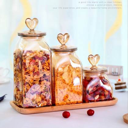 Modern Heart Glass Jar Candy Seal Bottle Amber Pickle Fruit Pot